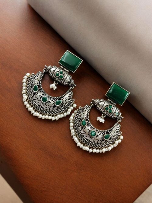 Silver Replica Chandbali Earrings - Square Stone Stud Dangler Earring