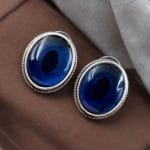 Simple Oxidised Silver Replica Stone Stud Earrings (Silver Look aLike Jewelry) - "Blue"