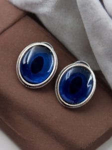 Simple Oxidised Silver Replica Stone Stud Earrings (Silver Look aLike Jewelry) - Color: "Blue"