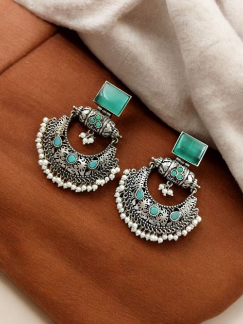 Silver Replica Chandbali Earrings - Square Stone Stud Dangler Earring