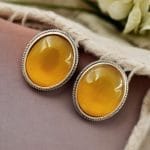 Simple Oxidised Silver Replica Stone Stud Earrings (Silver Look aLike Jewelry) - "Yellow"