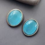 Simple Oxidised Silver Replica Stone Stud Earrings (Silver Look aLike Jewelry) - "Aqua"