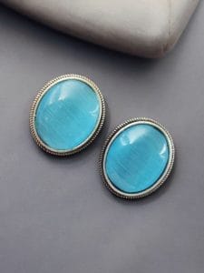 Simple Oxidised Silver Replica Stone Stud Earrings (Silver Look aLike Jewelry) - Color: "Aqua"