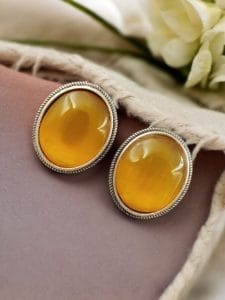 Simple Oxidised Silver Replica Stone Stud Earrings (Silver Look aLike Jewelry) - Color: "Yellow"