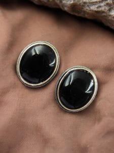 Simple Oxidised Silver Replica Stone Stud Earrings (Silver Look aLike Jewelry) - Color: "Black"
