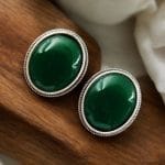 Simple Oxidised Silver Replica Stone Stud Earrings (Silver Look aLike Jewelry) - "Green"