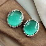 Simple Oxidised Silver Replica Stone Stud Earrings (Silver Look aLike Jewelry) - "Mint"