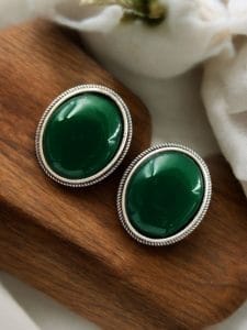 Simple Oxidised Silver Replica Stone Stud Earrings (Silver Look aLike Jewelry) - Color: "Green"