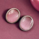 Simple Oxidised Silver Replica Stone Stud Earrings (Silver Look aLike Jewelry) - "Babypink"