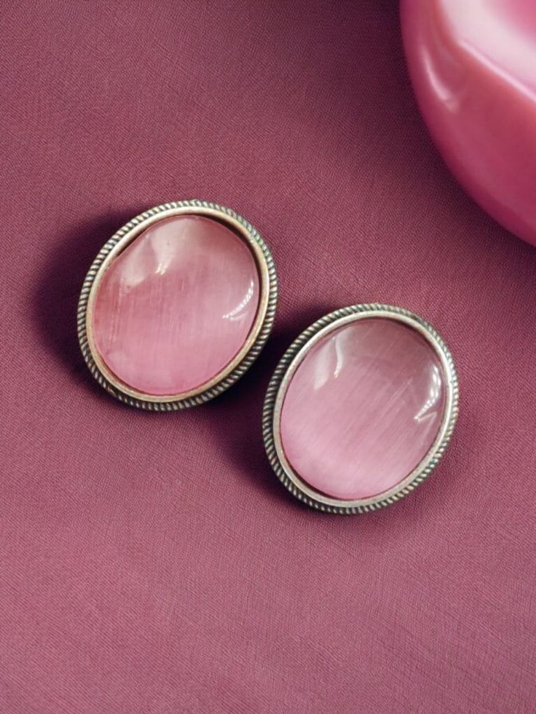 Bulk 284 Simple Oxidised Silver Replica Stone Stud Earrings (Silver Look aLike Jewelry) - "Babypink"