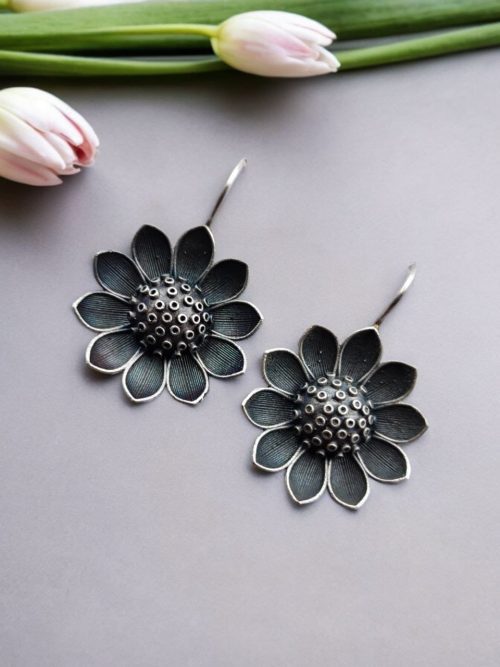 Silver look alike Flower Earrings | Oxidized Hook Style Jewelry For Girls