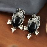 Antique Silver Peacock Style Earrings with Monalisa Stone & Pearl Beads - "Black"