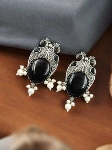 Antique Silver Peacock Style Earrings with Monalisa Stone & Pearl Beads - Color: "Black"