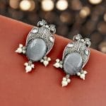 Antique Silver Peacock Style Earrings with Monalisa Stone & Pearl Beads - "Grey"