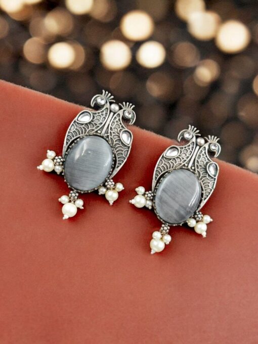 Antique Silver Peacock Style Earrings with Monalisa Stone & Pearl Beads