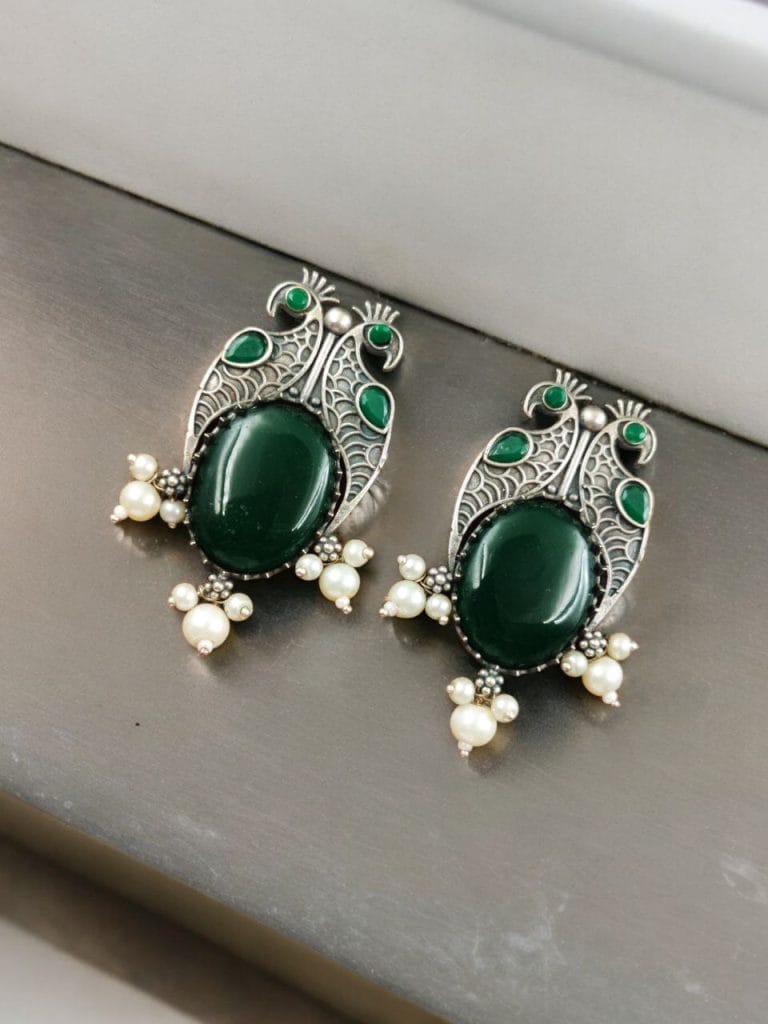 Bulk 242 Antique Silver Peacock Style Earrings with Monalisa Stone & Pearl Beads - "Green"
