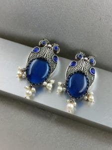 Antique Silver Peacock Style Earrings with Monalisa Stone & Pearl Beads - Color: "Blue"