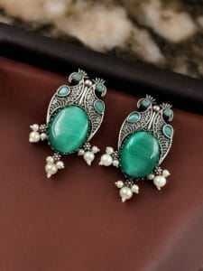 Antique Silver Peacock Style Earrings with Monalisa Stone & Pearl Beads - Color: "Mint"