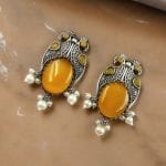 Antique Silver Peacock Style Earrings with Monalisa Stone & Pearl Beads - "Yellow"
