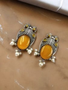 Antique Silver Peacock Style Earrings with Monalisa Stone & Pearl Beads - Color: "Yellow"