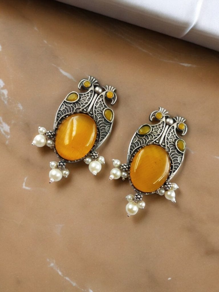 Bulk 248 Antique Silver Peacock Style Earrings with Monalisa Stone & Pearl Beads - "Yellow"