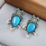 Antique Silver Peacock Style Earrings with Monalisa Stone & Pearl Beads