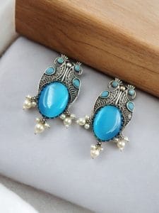 Antique Silver Peacock Style Earrings with Monalisa Stone & Pearl Beads - Color: "Aqua"