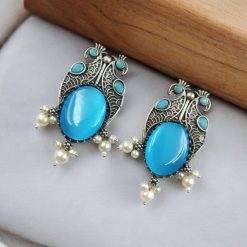 Antique Silver Peacock Style Earrings with Monalisa Stone & Pearl Beads