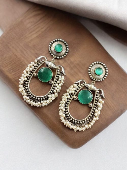 Handmade Silver Antique Chandbali With Stone & Pearl Work