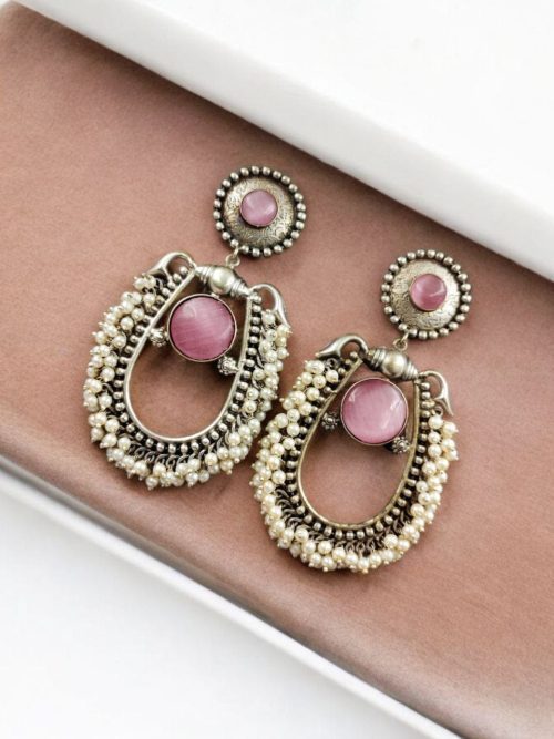 Handmade Silver Antique Chandbali With Stone & Pearl Work