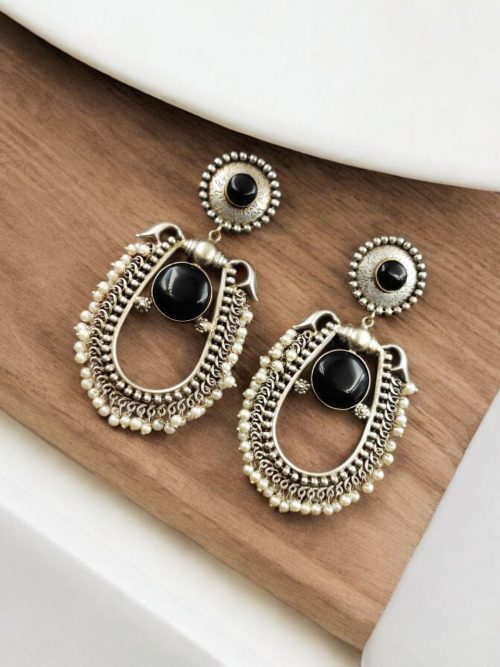 Handmade Silver Antique Chandbali With Stone & Pearl Work