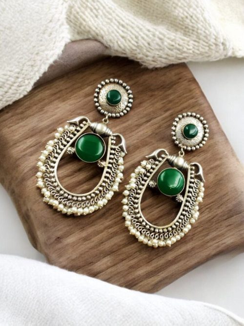Handmade Silver Antique Chandbali With Stone & Pearl Work