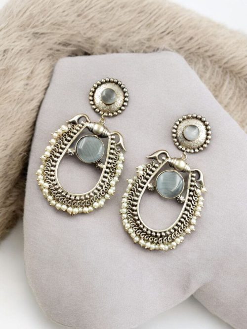 Handmade Silver Antique Chandbali With Stone & Pearl Work