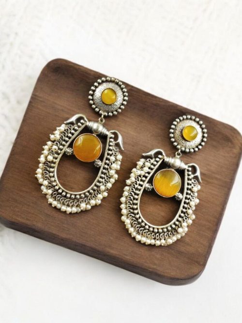 Handmade Silver Antique Chandbali With Stone & Pearl Work