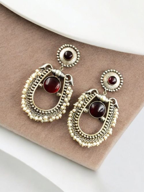 Handmade Silver Antique Chandbali With Stone & Pearl Work