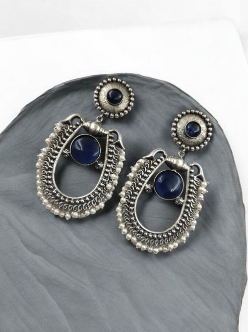 Handmade Silver Antique Chandbali With Stone & Pearl Work