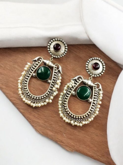 Handmade Silver Antique Chandbali With Stone & Pearl Work