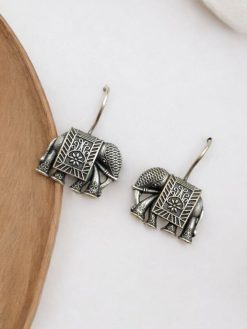 Oxidized Elephant Earrings - Silver Look Dailywear Hook Earring