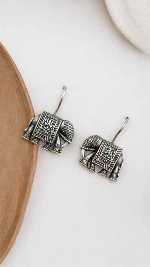 Oxidized Elephant Earrings - Silver Look Dailywear Hook Earring
