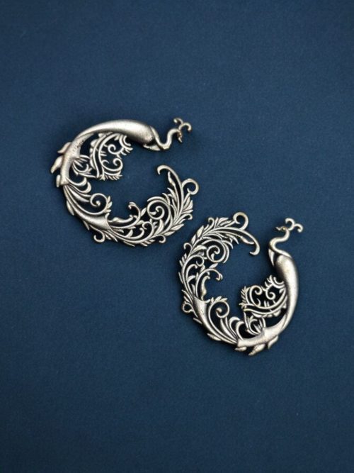 Silver Replica Peacock Stud | Floral Art Peacock Design Earrings
