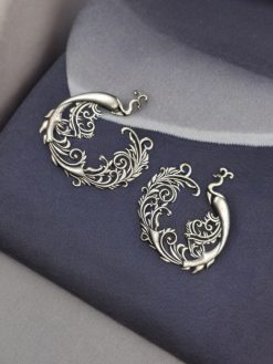 Silver Replica Peacock Stud | Floral Art Peacock Design Earrings