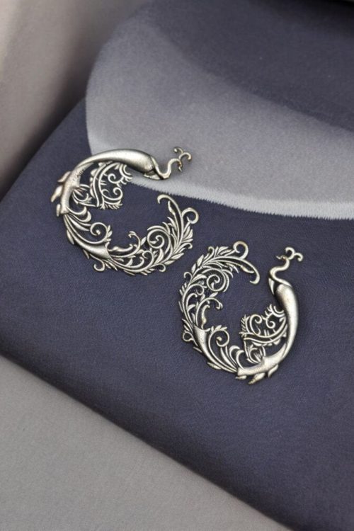 Silver Replica Peacock Stud | Floral Art Peacock Design Earrings