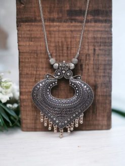 Silver Plated Oxidised Heart Shape Chain Necklace for Girls