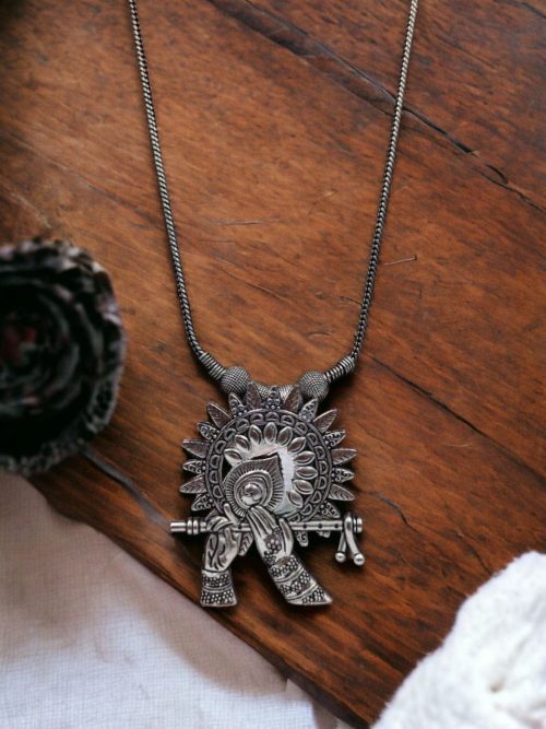 Silver plated Necklace | Handcrafted Krishna Peacock design Long Chain Necklaces