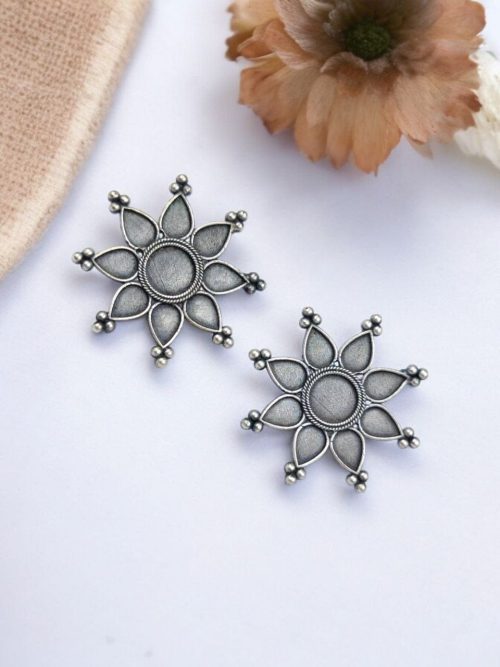 Silver Replica Flower Stud Earrings | Oxidized Hook Style Unique Jewelry For Girls