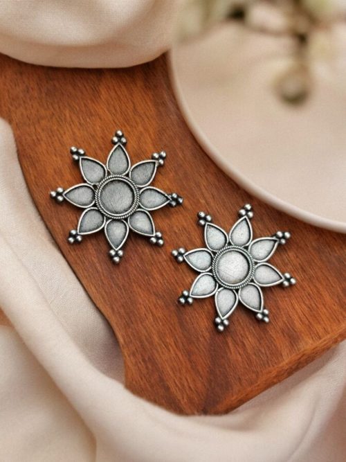 Silver Replica Flower Stud Earrings | Oxidized Hook Style Unique Jewelry For Girls
