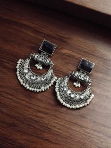 Silver Replica Chandbali Earrings - Unique Square Stone Stud Dangler Earring - Color: "Amethyst"