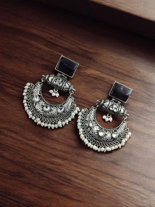Silver Replica Chandbali Earrings - Square Stone Stud Dangler Earring