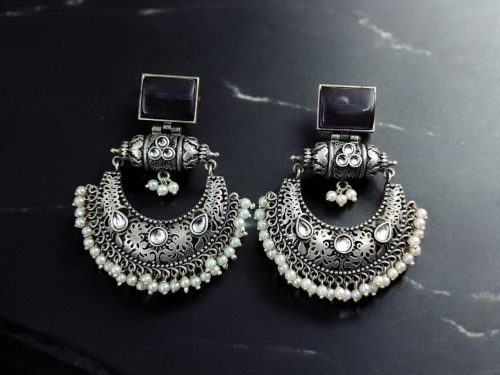 Silver Replica Chandbali Earrings - Square Stone Stud Dangler Earring