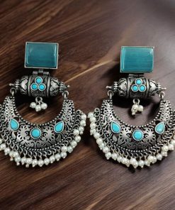 Silver Replica Chandbali Earrings - Square Stone Stud Dangler Earring